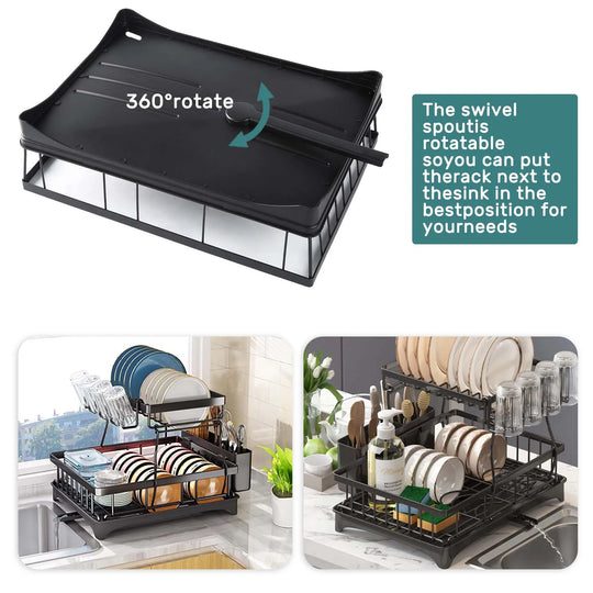 Large 2-tier dish drying rack for kitchen countertops, removable large-capacity dish draining rack