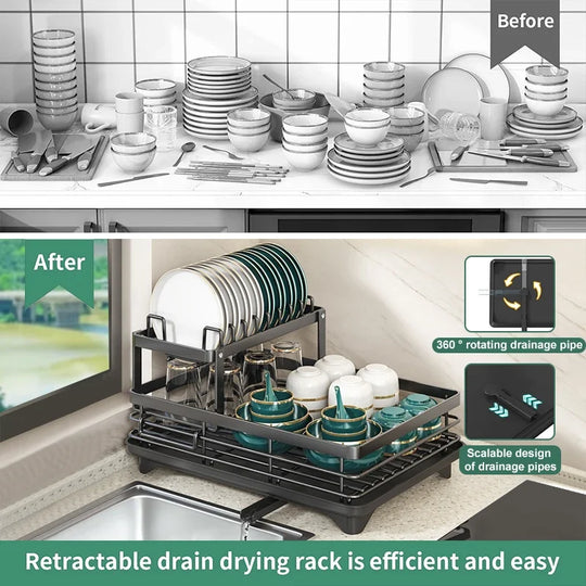 Dish Drying Rack for Kitchen Counter – Large Dish Rack with Drainboard, Adjustable Swivel Spout, Rustproof