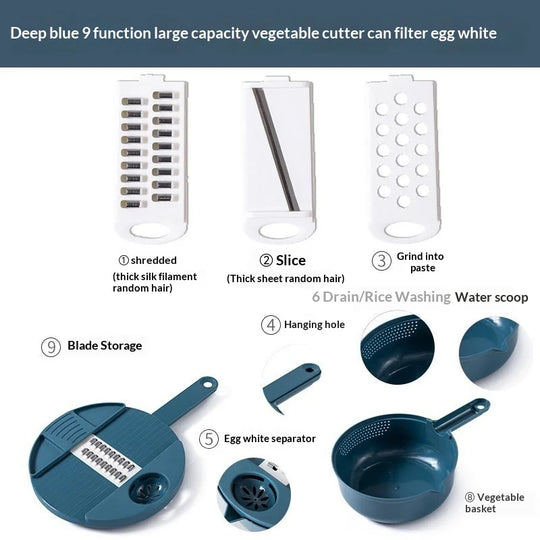 Multifunctional 9-in-1 Vegetable Chopper, Carrot and Potato Manual Shredding and Slicing Machine, Radish Chopper, Kitchen Tool L
