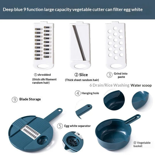 Multifunctional 9-in-1 Vegetable Chopper, Carrot and Potato Manual Shredding and Slicing Machine, Radish Chopper, Kitchen Tool L